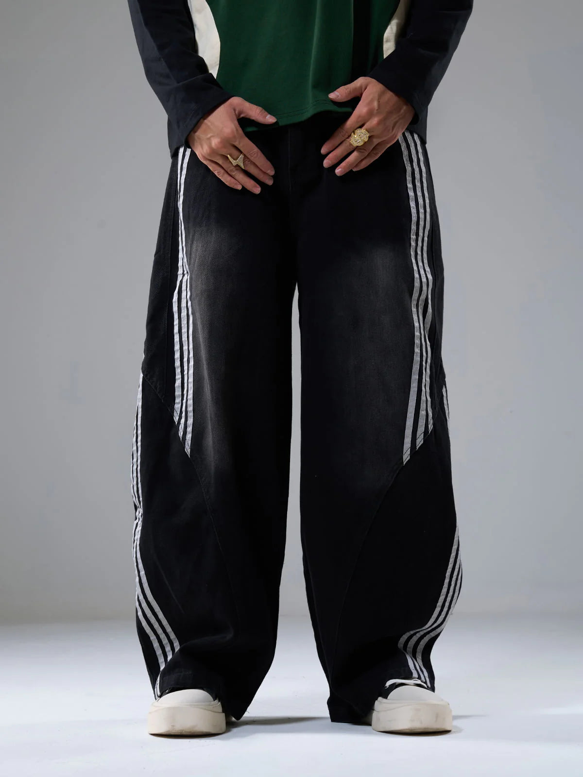 Çizgili Dikişli Barrel Jeans