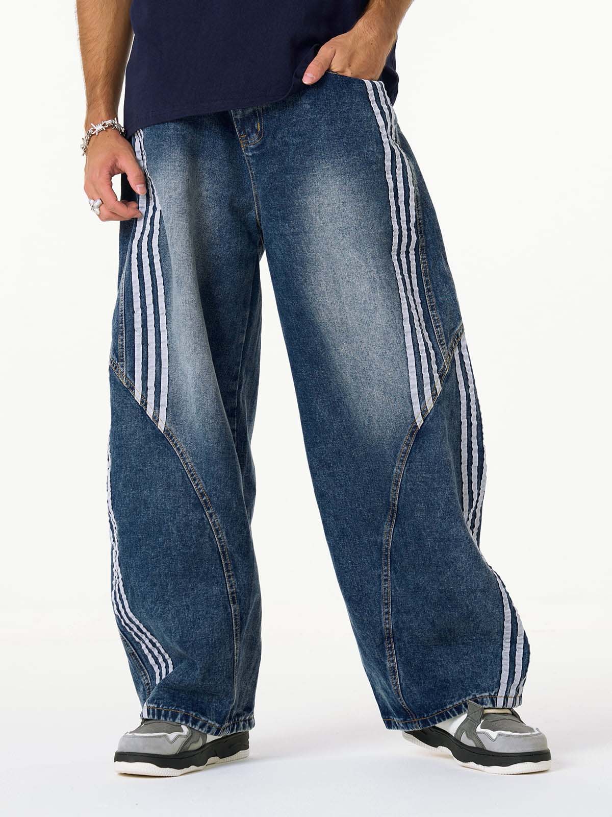 Çizgili Dikişli Barrel Jeans