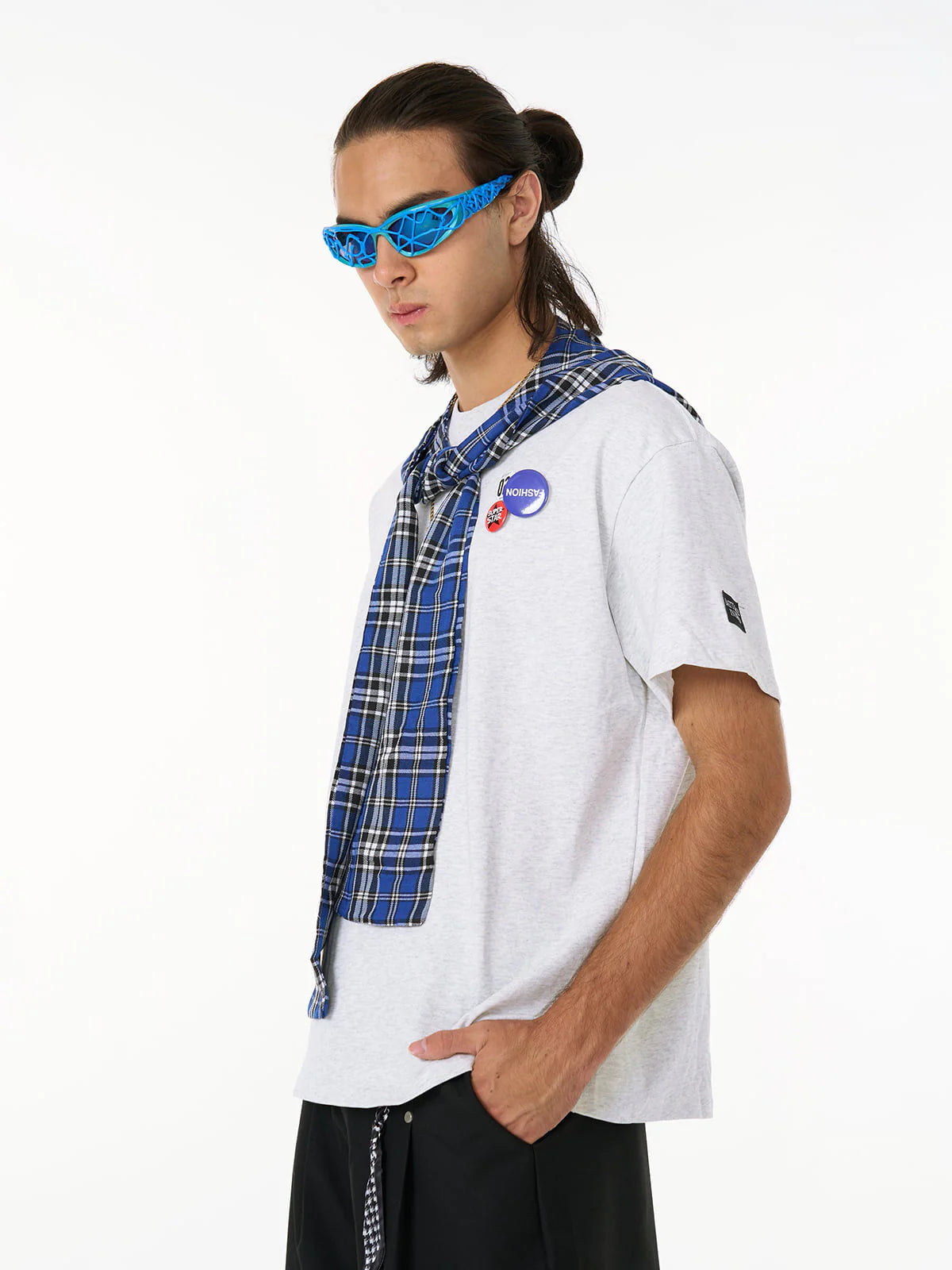 Çıkarılabilir Rozet Kapüşonlu Ekose Pelerin T-shirt