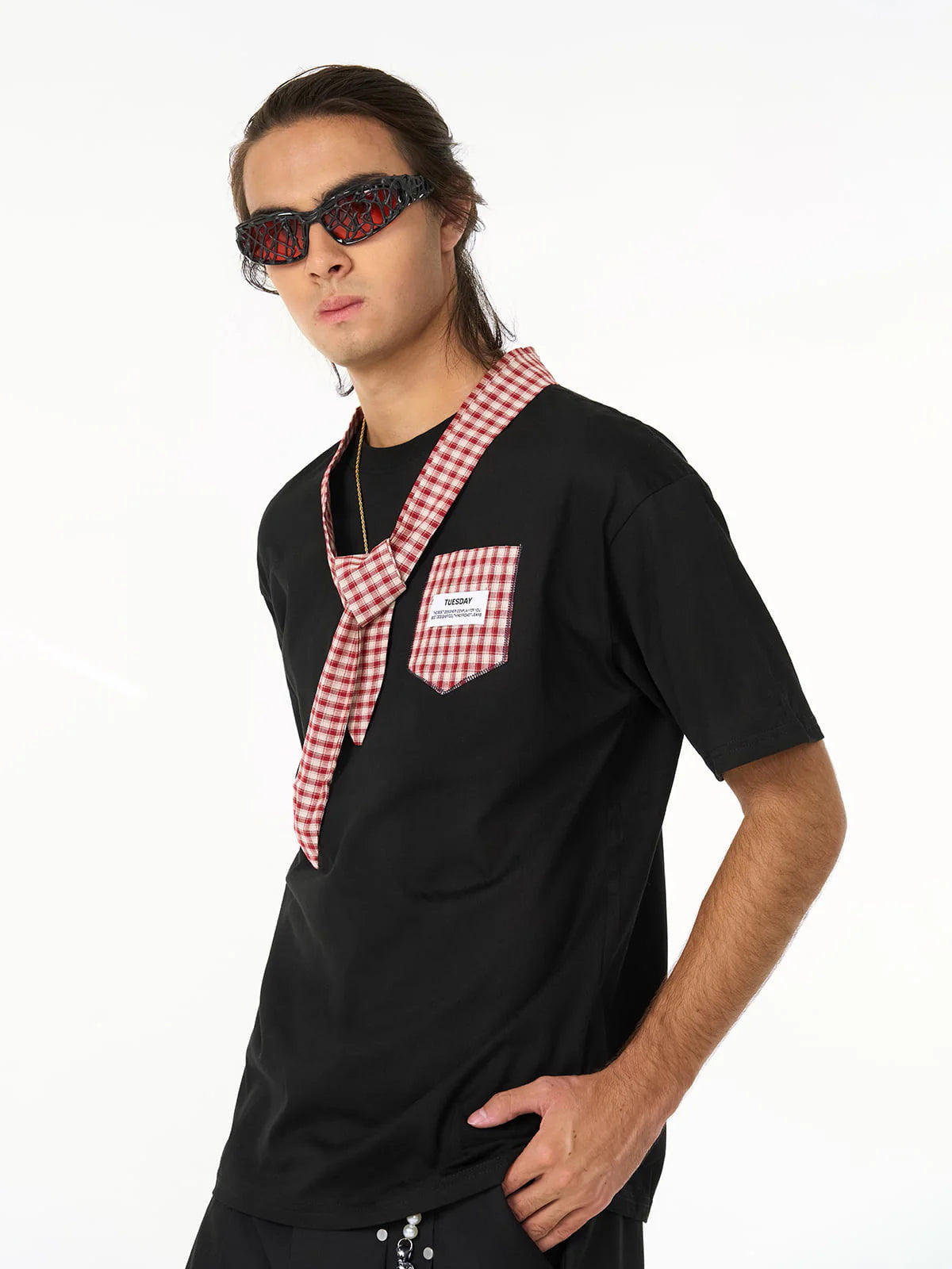 Sokak Kareli Kravatlı Kısa Kollu T-Shirt