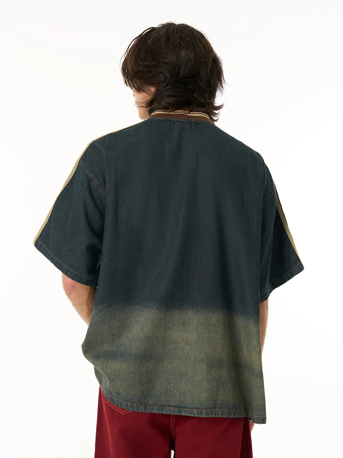 Vintage Yıpranmış Washed Gradyan Denim T-shirt