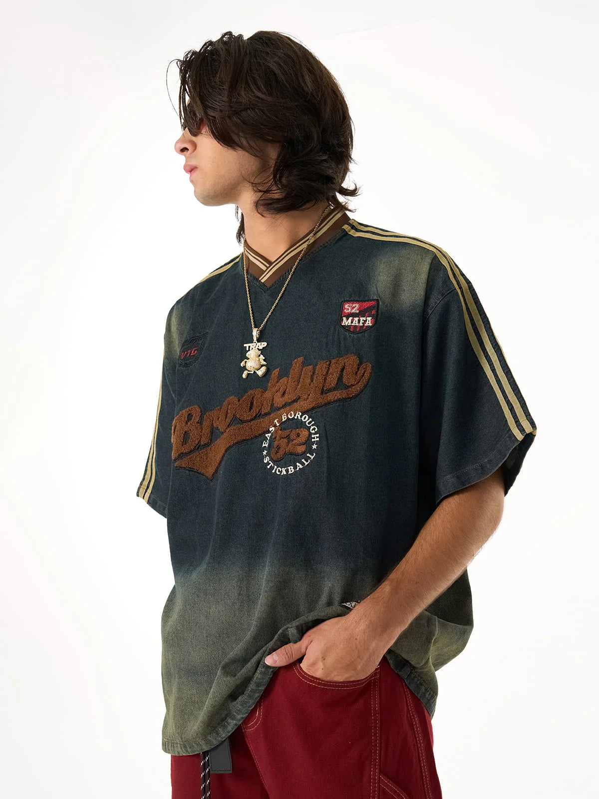 Vintage Yıpranmış Washed Gradyan Denim T-shirt